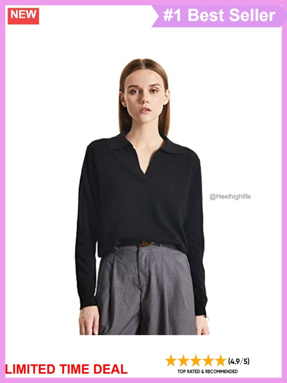 Cashmere Blend Deep V Polo Sweater Oversize Pullover Long Sleeve
